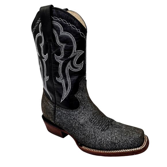 VTG J.B. Dillon Black Leather Western Boots Calf Hair Print Square Toe Womens 7B - Picture 1 of 9